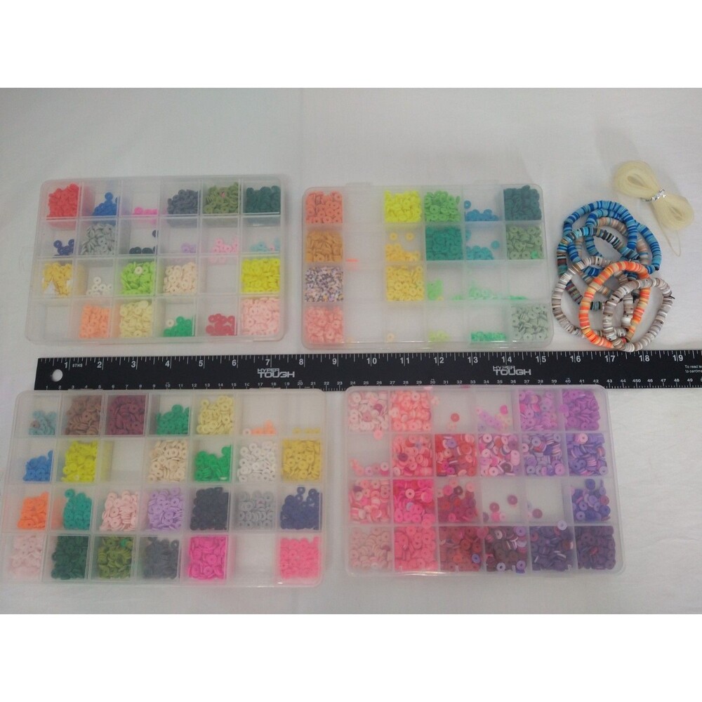 Lot of Crafting/Jewelry Heishi Vinyl Beads in cases + 5 Bracelets + bit of Cord - Picture 1 of 8